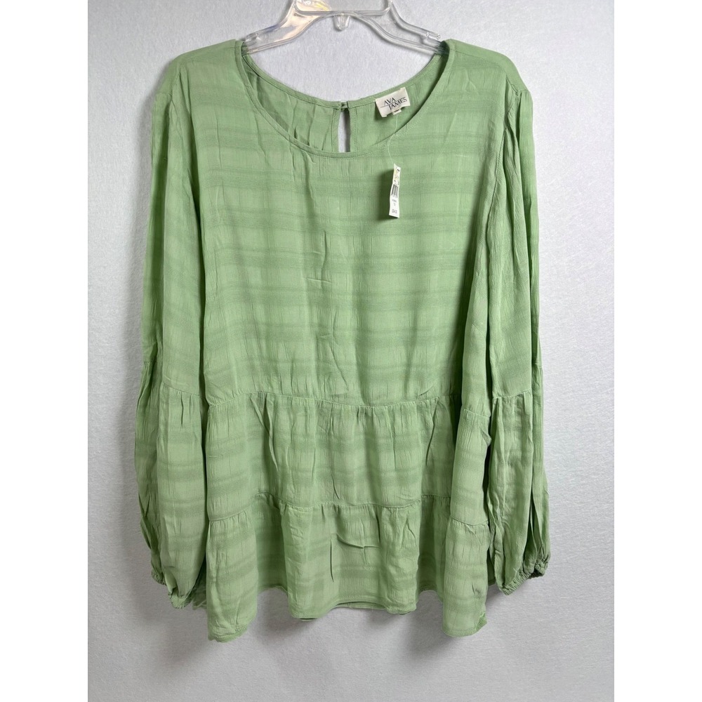 Ava James Top Womens 1X Sage Green Tiered Babydoll Long Sleeve Rayon Blouse Boho